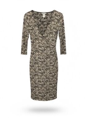 Vintage BCBG Black and Cream Leaf-Print V-Neck Sheath Dress